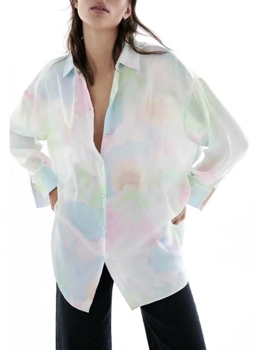 ZARA oversized tie dye colorful white button satin effect shirt